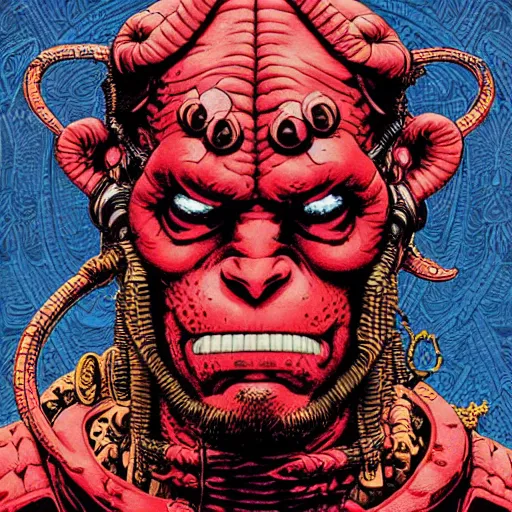 Image similar to portrait of crazy hellboy, symmetrical, by yoichi hatakenaka, masamune shirow, josan gonzales and dan mumford, ayami kojima, takato yamamoto, barclay shaw, karol bak, yukito kishiro