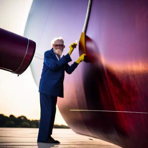 Image similar to wrinkled hunchbacked old man in musty burgundy suit, polishing painting the side of a huge gold plated mega yacht with a cloth, maintenance photo