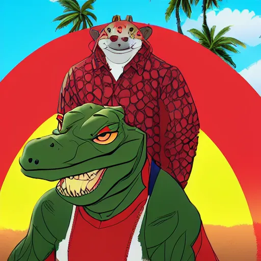 Prompt: in the style of artgerm, loish, anthropomorphic alligator, red scales on his back, yellow scale on his belly and chest, male, waring a hawaiian shirt, in the style of zootopia