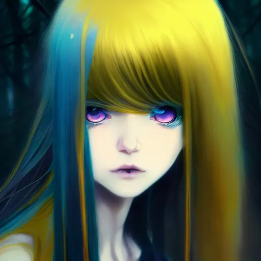 Prompt: attractive yellow eye color long blue - haired girl with bangs gothic anime character, fantasy, screenshot, anime, sharp focus, intricate, illustration, cell shaded, digital painting, highly detailed, concept art, matte, art by ilya kuvshinov and kyoto animation and wlop, and greg rutkowski, studio quality, james jean, artem demura
