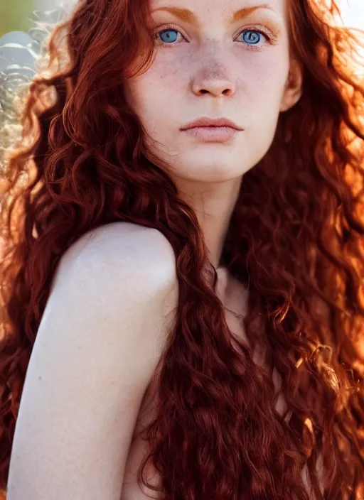 Prompt: close up portrait photograph of a thin young redhead woman with russian descent, sunbathed skin, with deep blue eyes. wavy long maroon colored hair. she looks directly at the camera. slightly open mouth, face takes up half of the photo. a park visible in the background. 5 5 mm nikon. intricate. detailed 8 k. cinematic postprocessing. award winning. luis royo.