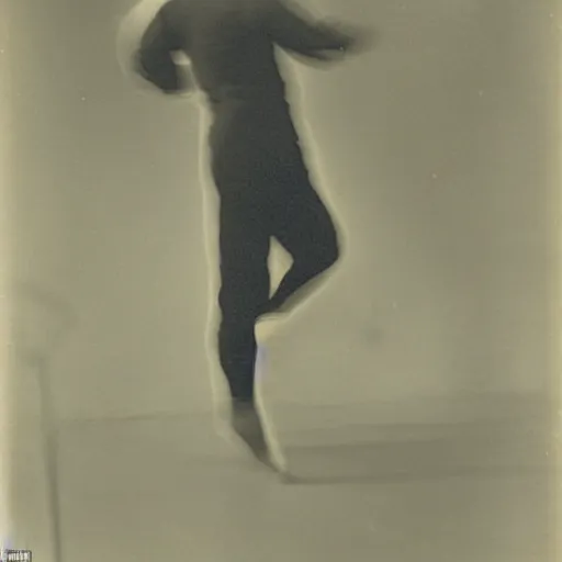 Image similar to a smudged, scratched, grainy and blurry photograph showing the whole body of a man dynamically and frenetically dancing in a dark room twisting his body, edwardian photograph, taken with soviet flash camera at slow shutter speed