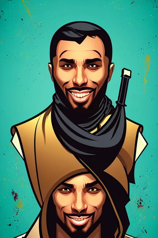 Image similar to umar ibn hafizh smile. pop art, pixel, bioshock art style, dynamic composition, face features, body features, ultra realistic art, digital painting, concept art, smooth, sharp focus, illustration, intricate, without duplication, elegant, confident posse, art by artgerm and richard hamilton and mimmo rottela, kirokaze and paul robertson