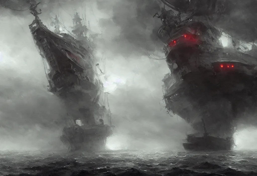 Prompt: a giant octopus wrapped around a large ship in the ocea, stormy, artstation, jakub rozalski, high detail, dramatic lighting, night, fog