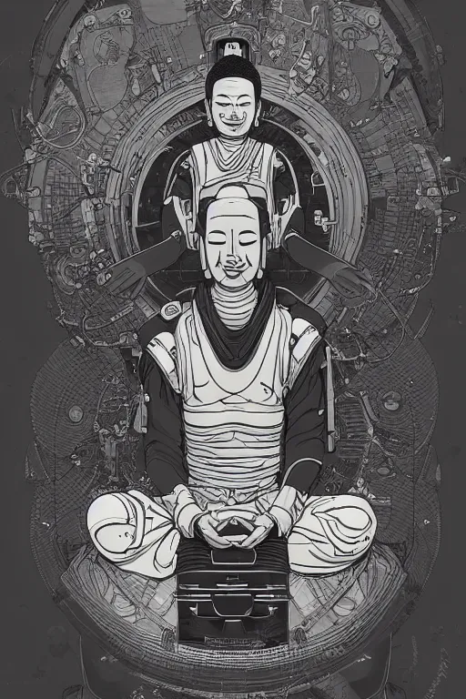 Image similar to a monotone study of cell shaded cyborg robot astronaut buddha meditating in a lotus flower illustration, golden ratio, post grunge portrait, character concept art by josan gonzalez, james jean, Mike Mignola, Laurie Greasley, highly detailed, sharp focus, alien, Artstation, deviantart, artgem