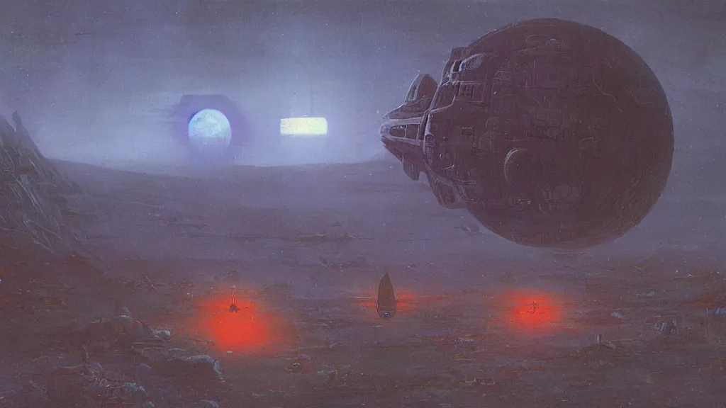 Image similar to eerie atmospheric alien planet with a small dropship pod landing by paul lehr and jack gaughan and john schoenherr, epic cinematic matte painting