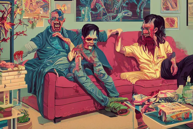 Image similar to a zombie dad on the couch, Tristan Eaton, victo ngai, artgerm, RHADS, ross draws