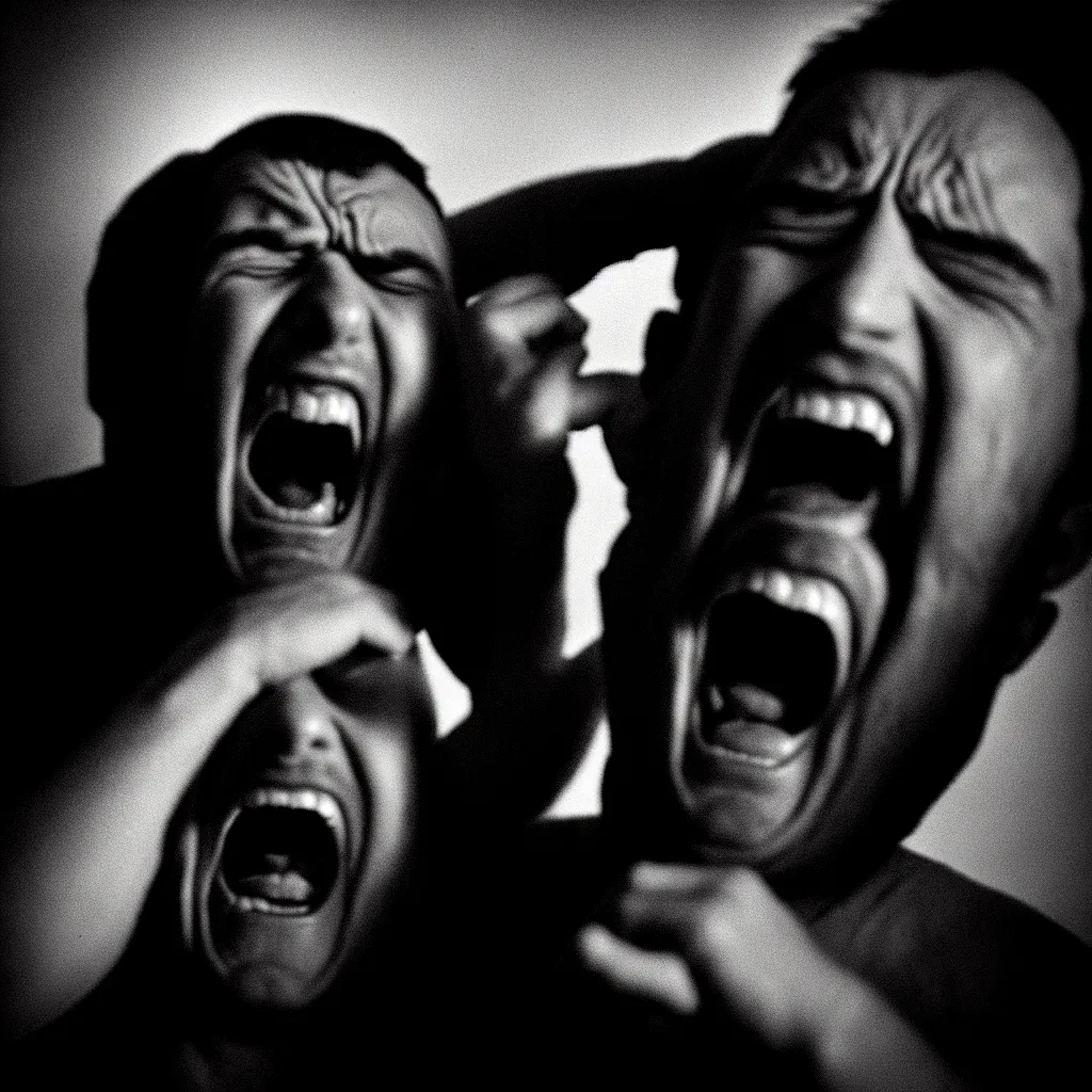 Prompt: portrait of a man screaming in terror, taken by a famous photographer. 8 5 mm lens f / 1. 8, chiaroscuro