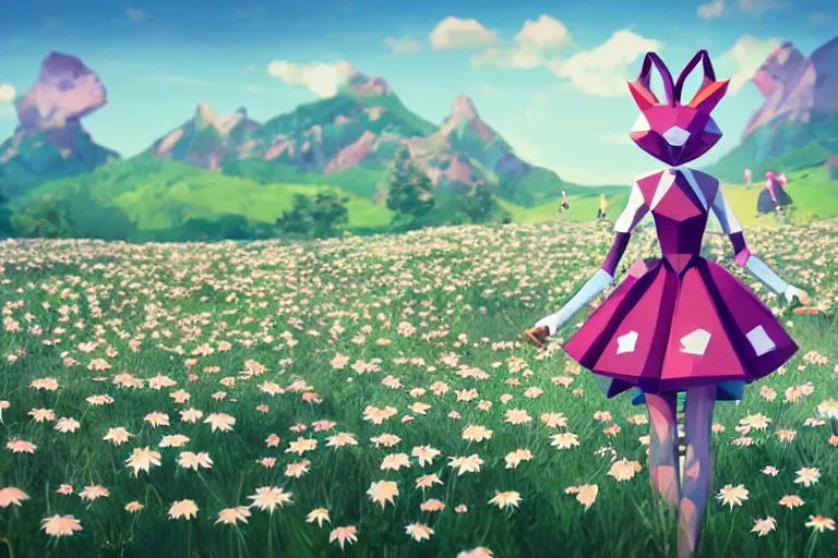 Prompt: ( ( low poly ) ) ( ( playstation ) ) running ( ( anthropomorphic ) ) ( ( lurantis ) ) ( [ maid ] ) wearing a hat ( standing ) in a ( ( field ) of daisies ), mount coronet in the distance illustration by ruan jia on artstation