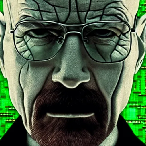 Image similar to close up still of walter white seeing the matrix code, highly detailed face, highly detailed skin, award winning scene, photography, photo, beautiful glitching green matrix code