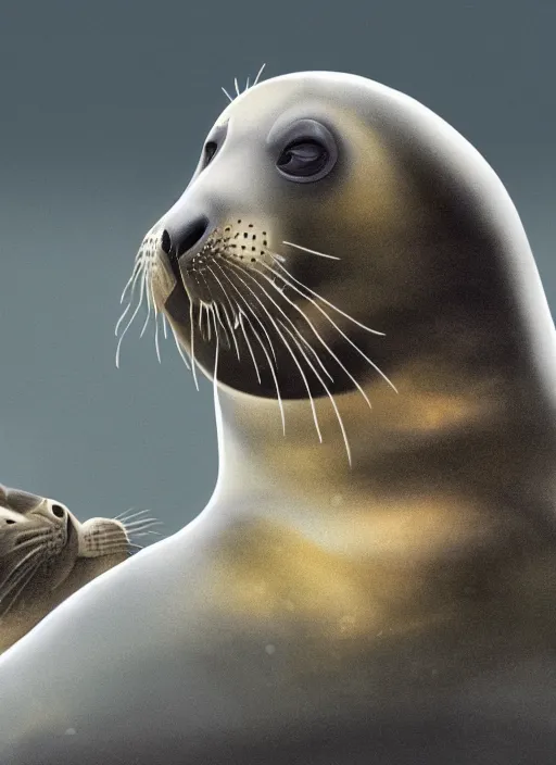 Image similar to a young man and a seal staring at each other intently. the man has brown curly hair, brown beard, small nose, blue eyes. the seal is gray. digital painting by annie lebowitz. extremely detailed, ultra realistic