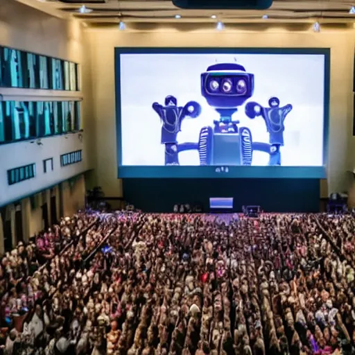 Image similar to large church congregation in service with a robot on a huge screen