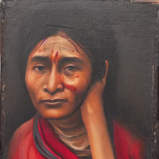 Image similar to a nepali woman wearing a white shawl, sad, bloody, oil painting