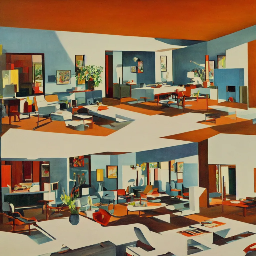 Image similar to an oil painting of the interior of a mid century modern house designed by both frank lloyd right and richard sera in palm springs