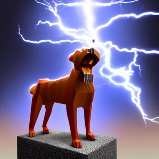 Image similar to redstone sculpture of a detailed carved smiling pitbull + dramatic lightning + volumetric light + backlightning + lensflares + rays of light + dramatic shadows + glowing particles