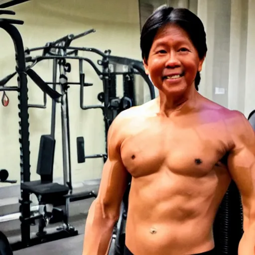 Image similar to bongbong marcos as gigachad flexing at the gym, muscular, on steroids,