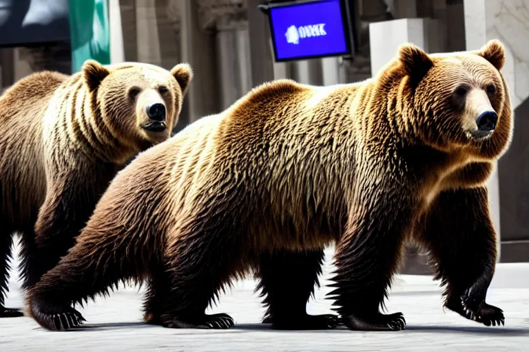 Prompt: literal grizzly bears screaming on the floor of the NYSE as the markets rally to all-time-highs, high definition color photograph