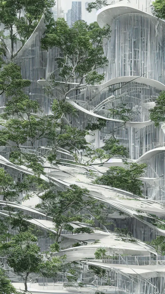 Prompt: photo in style of hiroshige and piranesi. ecological parametric futuristic building in a urban setting. ultrarealistic, white page. the buildings have deep tall balconies with plants and trees. thin random columns, large windows, deep overhangs. greeble articulated details. 8 k, uhd.