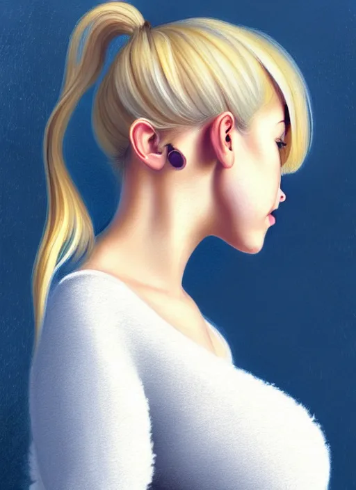 Image similar to full body portrait, teenage lili reinhart, blonde hair, obese, bangs, ponytail, sultry, realistic, sweater, fluffy bangs, fully clothed, curly bangs, fat, belly, intricate, elegant, highly detailed, digital painting, artstation, concept art, smooth, sharp focus, illustration, art by wlop, mars ravelo and greg rutkowski