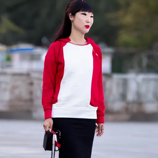 Prompt: chinese canadian woman wearing a red sweatshirt unzipped with a white shirt under it and black skirt with white sneakers.