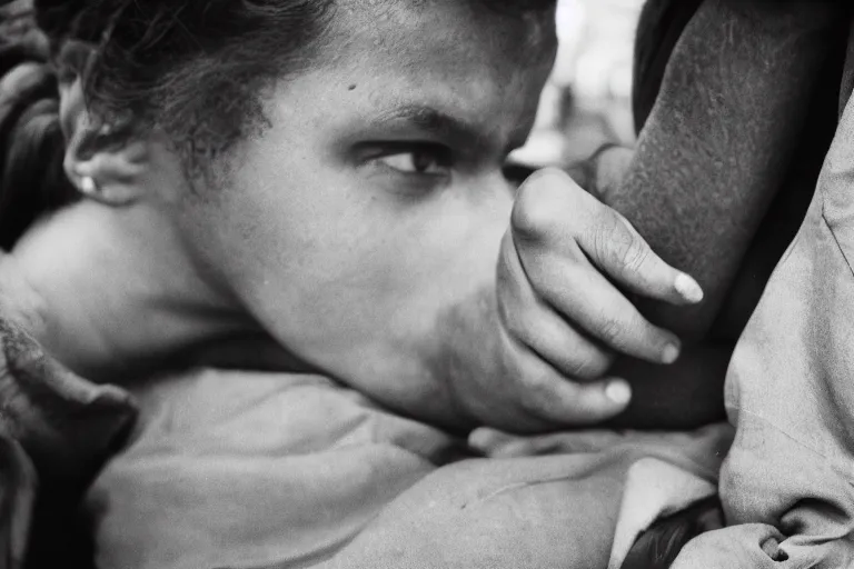 Image similar to close up portrait of two people who accidentally tied their fingers together into a knot in a new york street, photograph, natural light, sharp, detailed face, magazine, press, photo, steve mccurry, david lazar, canon, nikon, focus
