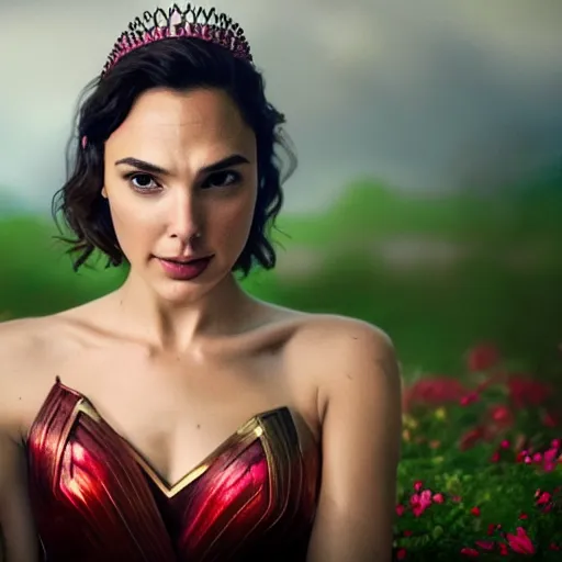 Image similar to fine art photo of the beauty gal gadot, she is posing while maintain a sweet eye contact to the camera, she has a crown of flowers, the photo was taken at sunrise with a bokeh effect, by ellie victoria gale, photorealistic, matte painting, hyper realistic, 4 k, 8 k, cinematic composition, hd, highly detailed, trending on artstation