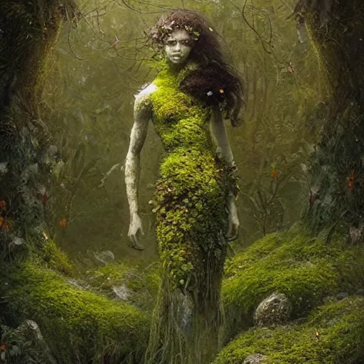 Prompt: a beautiful humanoid creature made out of moss and flowers. ethereal fantasy art by greg rutkowski