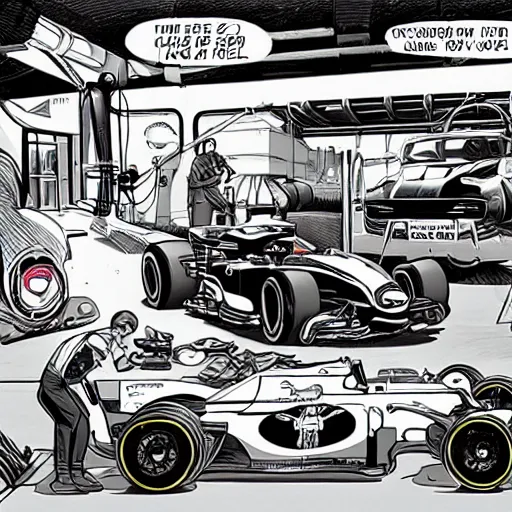 Prompt: formula one mechanic works on car, comic, wide shot, marvel style by patrick brown