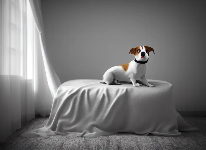 Image similar to photography of a Jack Russel . watching outside the window. on a bed. in a white room. octane render,volumetric light, volumetric fog, photorealistic,, award winning photo, 100mm, sharp, cloth, high res