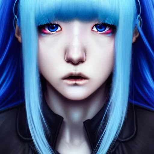 Image similar to full face shot of rimuru tempest, sky blue straight hair, long bangs, with amber eyes, wearing a black jacket, high collar, ultra detailed, concept art, award winning photography, digital painting, cinematic, wlop artstation, closeup, pixiv, evil, yoshitaka amano, andy warhol, ilya kuvshinov,