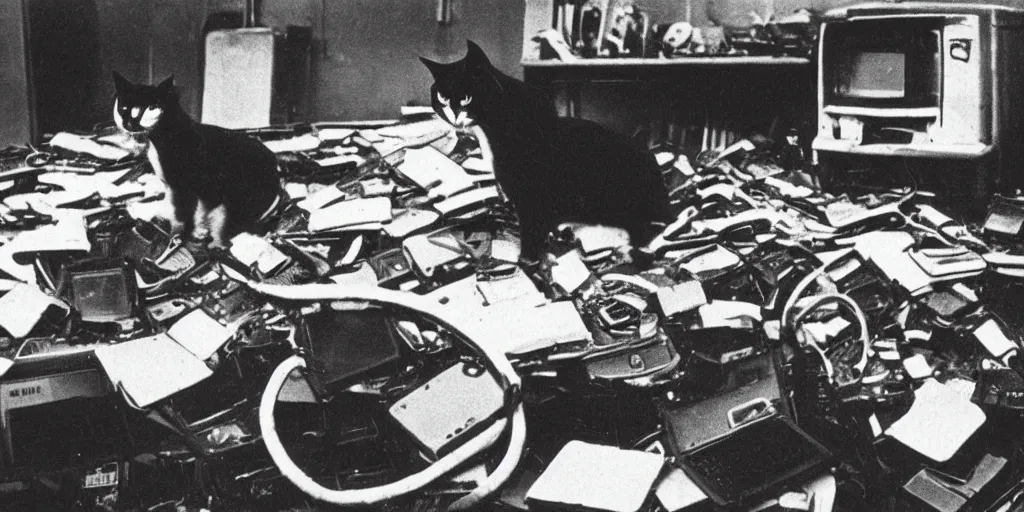 Prompt: very old black and white photo from 1898, film grain, a serious cat wearing glasses is surrounded by a pile of broken computers and telephones