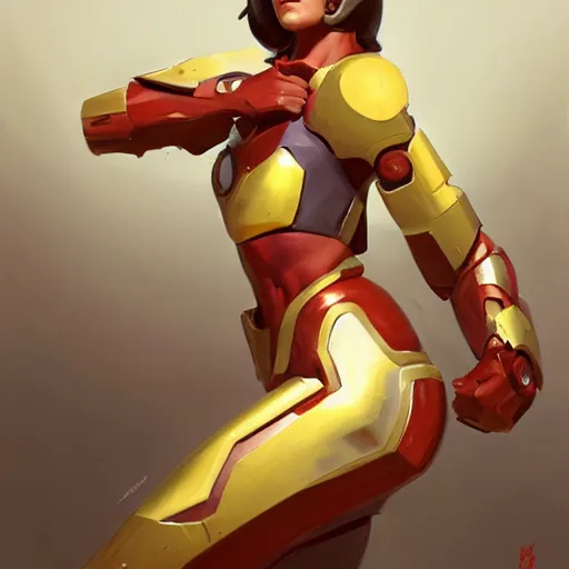 Image similar to greg manchess portrait painting of a female ironman as overwatch character, medium shot, asymmetrical, profile picture, organic painting, sunny day, matte painting, bold shapes, hard edges, street art, trending on artstation, by huang guangjian, gil elvgren, ruan jia, greg rutkowski, gaston bussiere