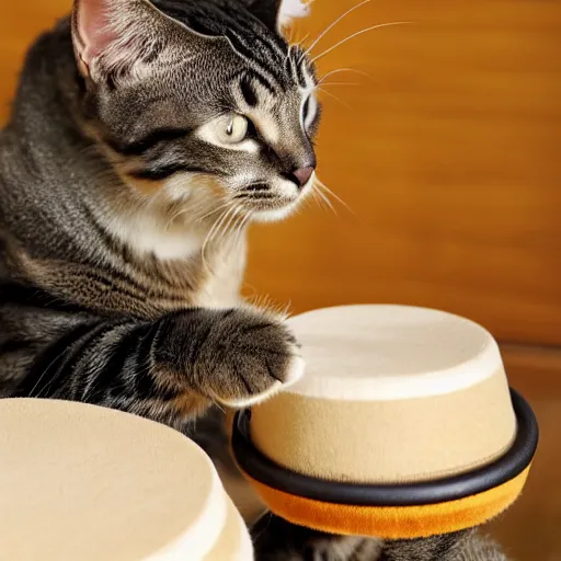 Prompt: a cat playing the bongos, stock photo