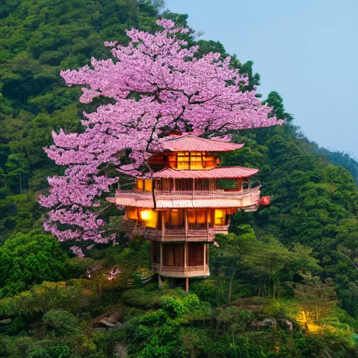 Image similar to fancy pagoda styled treehouse mansion on cliff overlooking terraced fields and pink cherry blossom trees, detailed luminescent painting 4 k