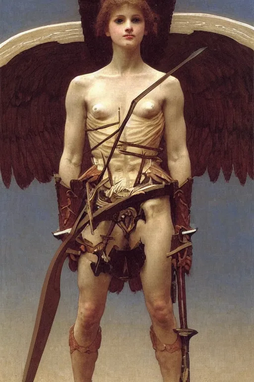 Image similar to portrait of a fully armed skeleton archer with big sword, wearing helmets and armor with wings, symmetrical, solemn, sacred, aura, by bouguereau