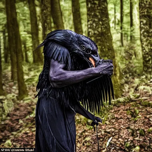 Image similar to !!! chimera consisting of male human and crow, photograph captured in a forest