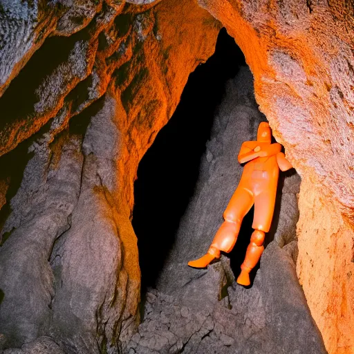 Prompt: photo of a giant orange colored glowing transparent humanoid of one thousand feet of height standing next to a building inside a cave