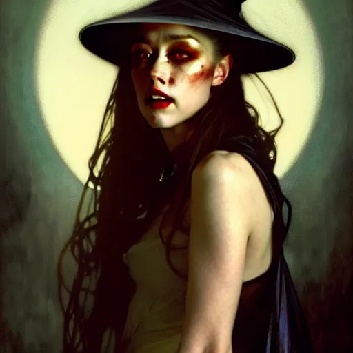 Prompt: hyperrealist portrait of amber heard as a vampire witch holding a cristal human skull and wearing a wizard hat. by jeremy mann and alphonse mucha, fantasy art, photo realistic, dynamic lighting, artstation, poster, volumetric lighting, very detailed faces, 4 k, award winning