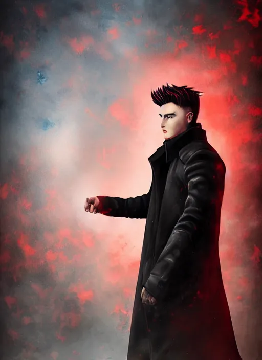 Prompt: An epic fantasy comic book style portrait painting of a young man with black undercut haircut, wearing black overcoat, red clothes, blue jeans. Unreal 5, DAZ, hyperrealistic, octane render, cosplay, RPG portrait, dynamic lighting