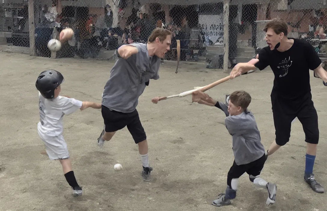 Image similar to jerma hitting a child with an aluminum baseball bat