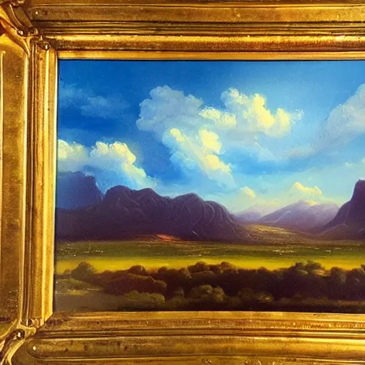 Prompt: a beutiful oil painting of a landscape, dramatic lighting, clouds in the sky, mountains