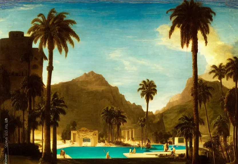 Image similar to The highest palace ever made, thunderstorm, greek pool, beach and palm trees on the background major arcana sky, by paul delaroche, hyperrealistic 4k uhd, award-winning very detailed