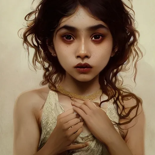 Image similar to a brown asian vampire girl, child, freckles, enigmatic look, elegant dress, fangs, messy curly hair, embers intricate and very beautiful and elegant, highly detailed, digital painting, artstation, concept art, smooth and sharp focus, cg by tian zi and wlop and alphonse mucha