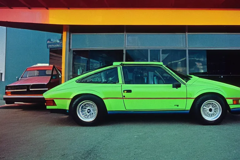 Prompt: A single 1985 wagon estate Bronco Vector W8 Twin Turbo 911!!! BMW M1 inside of a car wash, ektachrome photograph, volumetric lighting, f8 aperture, cinematic Eastman 5384 film