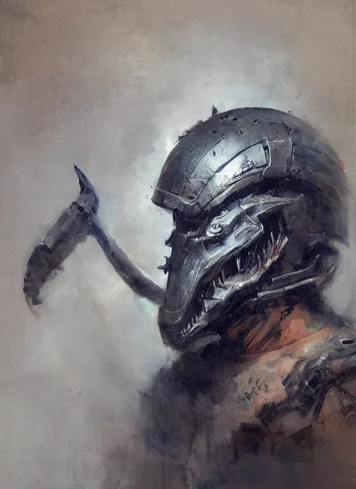 Image similar to portrait painting of berserker with a dinosaur head helmet, by jeremy mann, only one head single portrait