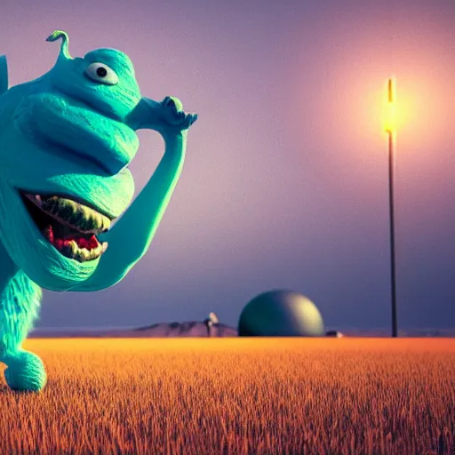 Image similar to a blue monster with its mouth open in the middle of a field, a 3 d render by mike winkelmann, the stompin'ground, trending on behance, funk art, behance hd, rendered in cinema 4 d, rendered in maya