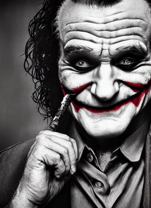 Image similar to photo of evil Robin Williams as the Joker by Lee Jeffries, head shot, detailed, award winning, Sony a7R, trending on artstation