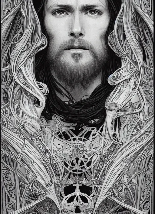 Prompt: detailed portrait of jesus companion, saints mode, dark and white, behance hd artstation, by moebius, alphonse mucha, ayami kojima, amano, greg hildebrandt, and mark brooks, masculine, male, art nouveau, neo - gothic, gothic, character concept design, dynamic light, stylised illustration, disco elysium, highly details