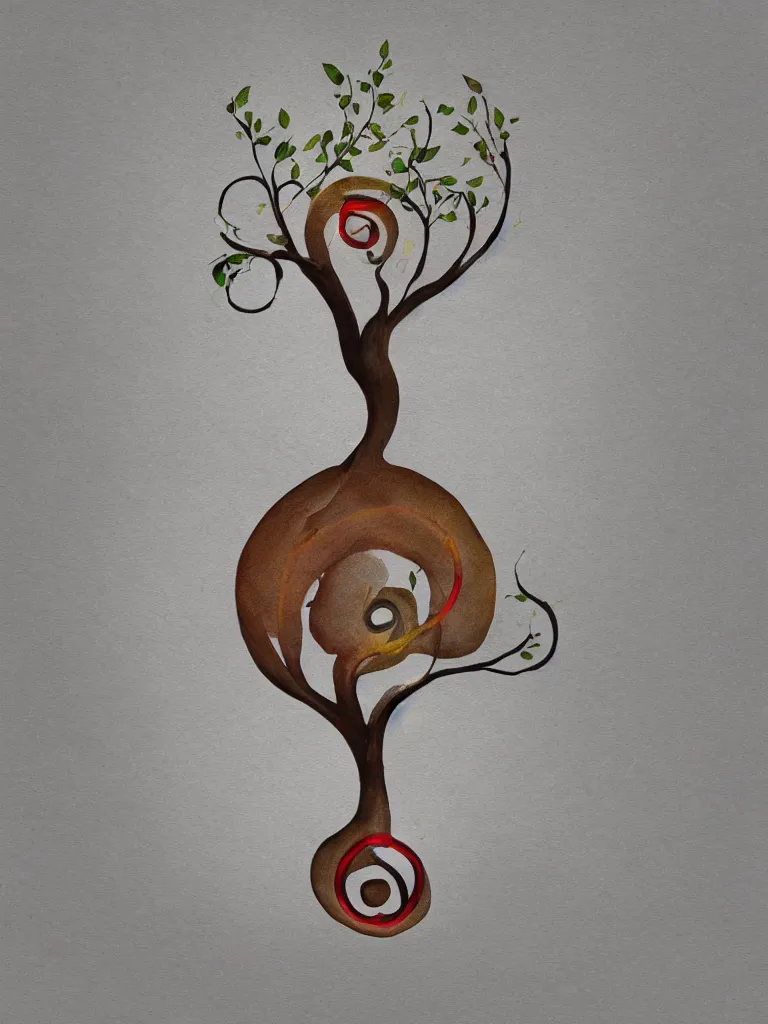 Image similar to a digital painting of an acorn that turns into a tree in the shape of a treble clef with some light effects, dynamic, energetic, but minimal af