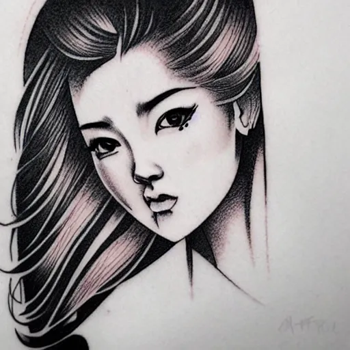 Image similar to tattoo design, stencil, traditional Japanese, beautiful portrait of a girl by artgerm, artgerm